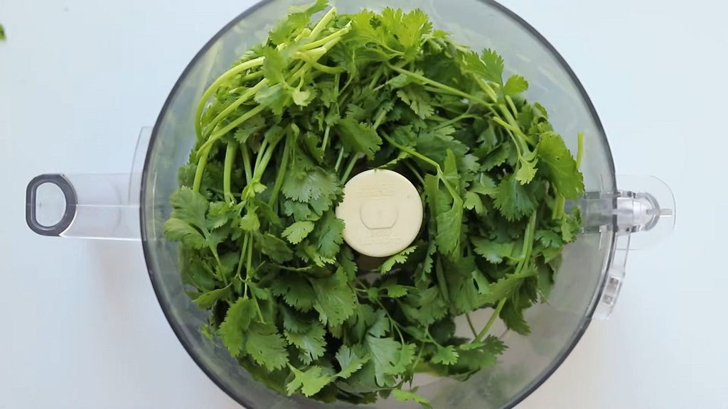 Cilantro in the blender while preparing the dressing