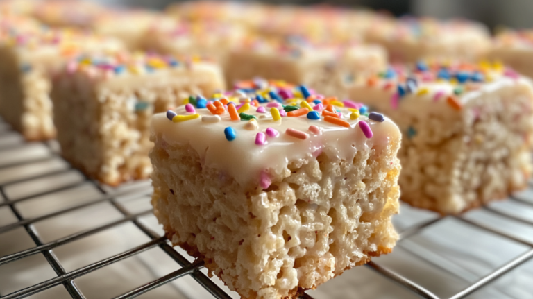 Close-Up of Protein Rice Krispie Treats Topped with Colorful Sprinkles on A Cooling Rack