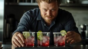 A bartender arranging three red cocktails with lime wedges and salted rims on a bar counter