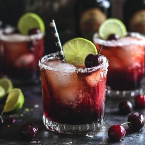 Close-up of cherry lime beergaritas in salt-rimmed glasses, garnished with lime slices and cherries