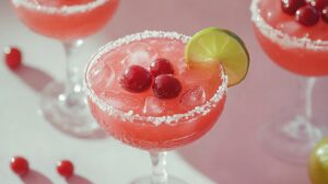 Close-up of a salt-rimmed glass filled with cherry lime margarita, garnished with fresh cranberries and a lime slice