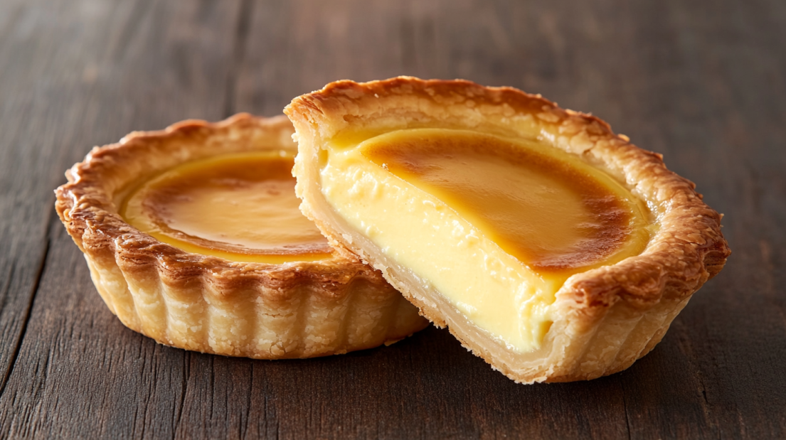 A Close-Up of A Golden, Flaky Egg Tart with A Smooth, Creamy Filling, Showcasing One of The Must-Try Chinese Desserts