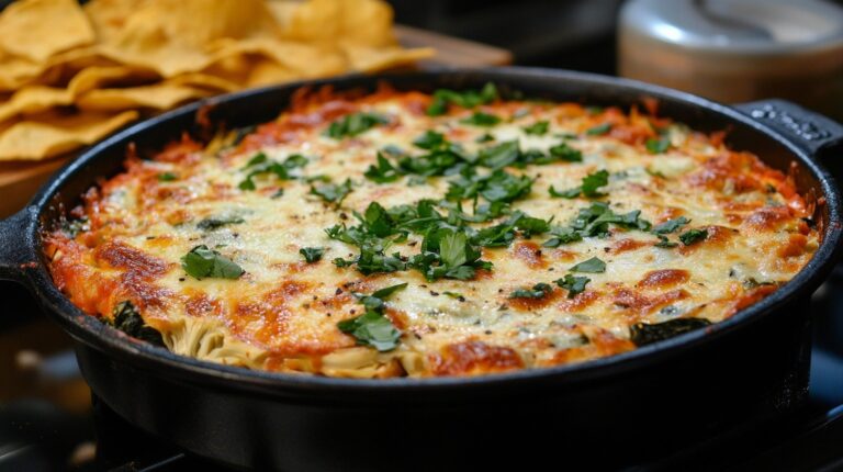 Close-up of a skillet filled with golden, melted cheesy spinach artichoke dip, garnished with fresh parsley