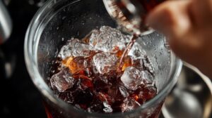 Close-up of cherry cola being poured over ice cubes in a glass, creating a refreshing, fizzy drink