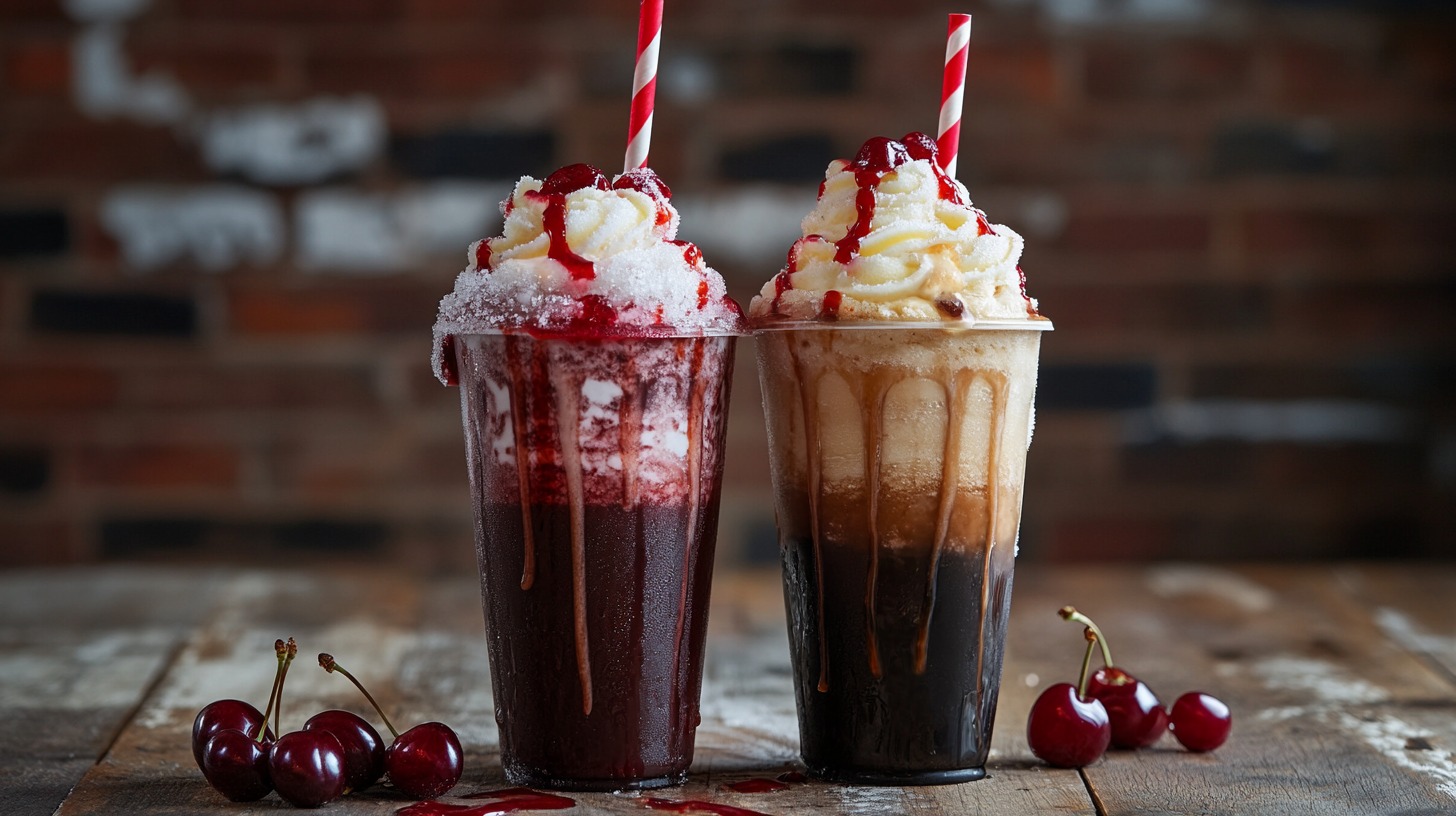 Two Cherry Coke slushies in clear cups, topped with whipped cream and cherry syrup, with red-and-white striped straws, sitting on a rustic wooden table with fresh cherries.