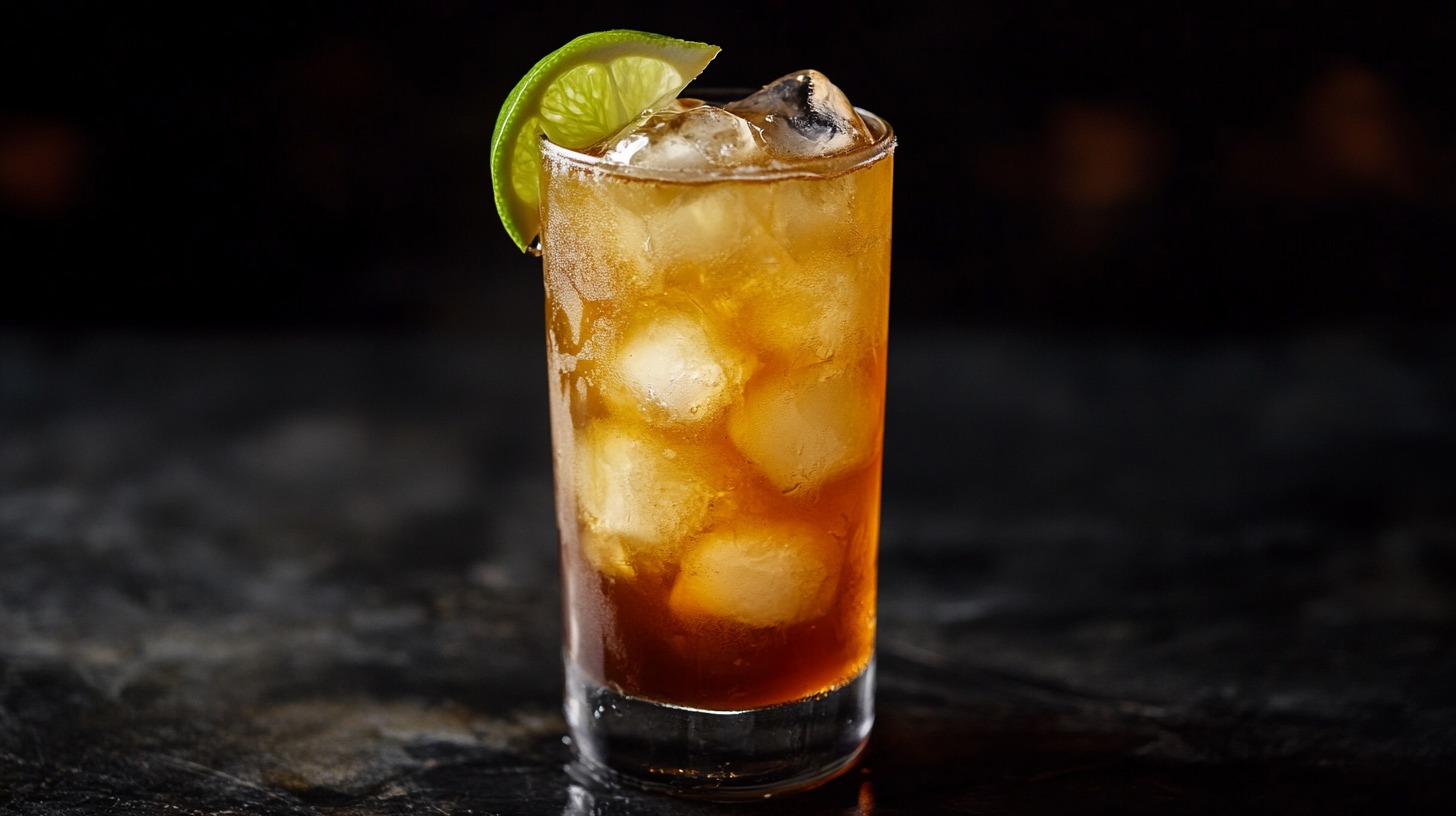 A tall glass filled with an iced dark-colored cocktail, garnished with a fresh lime wedge, set against a dark background