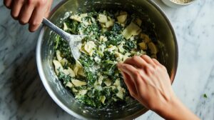 Two hands mixing cooked spinach and chopped artichoke hearts in a large metal bowl with a spoon