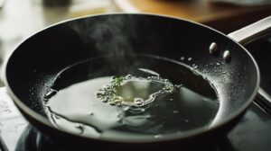 Close-up of a black skillet with hot olive oil and a sprig of herbs sizzling, steam rising gently