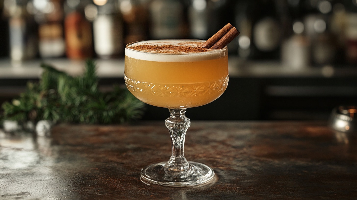 A glass of Hot Toddy garnished with a cinnamon stick, sitting on a rustic bar counter with blurred bottles in the background