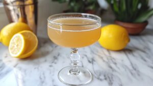 A coupe glass filled with a golden-hued Hot Toddy cocktail, surrounded by fresh lemons on a marble countertop