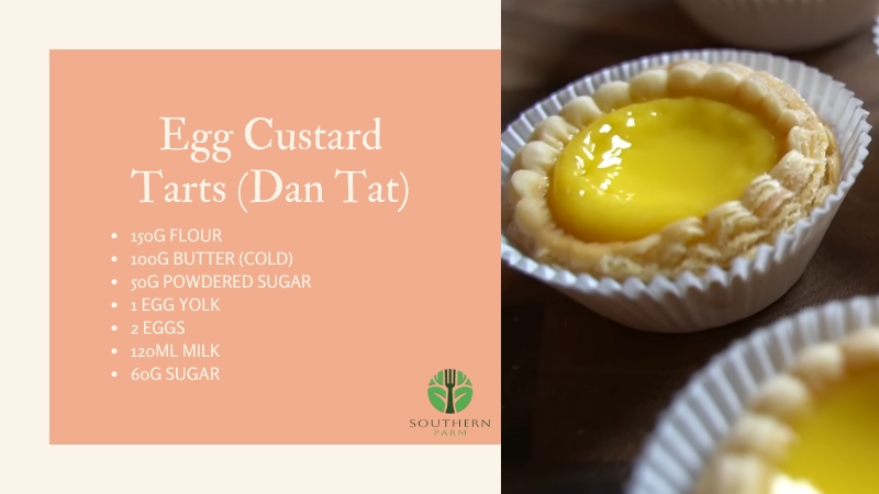 A Close-Up Image of Egg Custard Tarts (Dan Tat) with Ingredients Listed