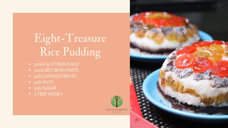 A Close-Up Image of Eight-Treasure Rice Pudding with Ingredients Listed