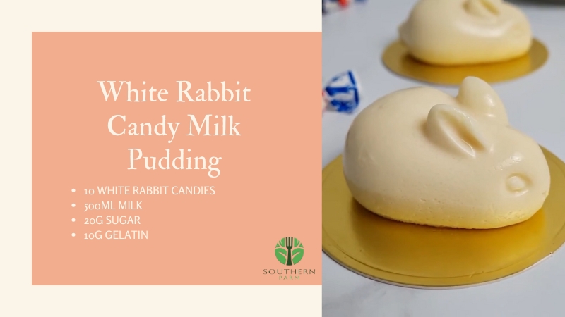 A Close-Up Image of White Rabbit Candy Milk Pudding with Ingredients Listed