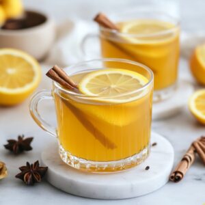 A glass mug filled with golden hot toddy, garnished with a lemon slice and a cinnamon stick