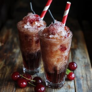 Two tall glasses of cherry cola slushies topped with frozen cherries, served with striped red-and-white straws on a rustic wooden table, surrounded by fresh cherries