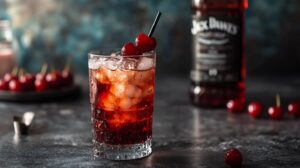 A glass of Jack Daniel’s and Cherry Coke cocktail filled with ice, garnished with cherries on a black straw, with a bottle of Jack Daniel’s in the background