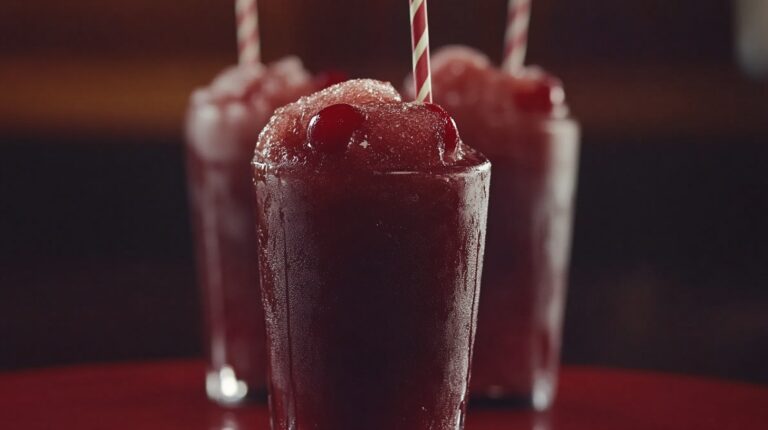 A glass filled with a deep red Jack and Cherry Coke slushie, topped with cherries and a striped straw, with two more slushies in the background