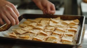 Hands arranging tortilla pieces on a baking sheet, sprinkled with seasoning