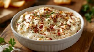 A close-up of a creamy artichoke dip topped with crispy bacon bits and garnished with fresh parsley in a white serving dish