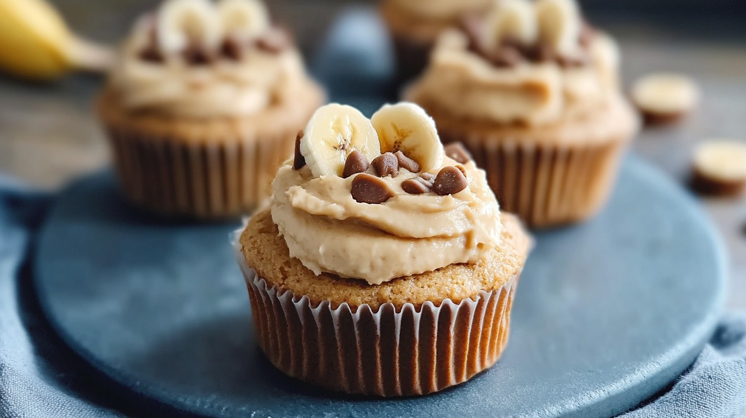 A close-up of a banana and peanut butter cupcake topped with creamy frosting, banana slices, and chocolate chips