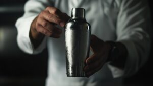 A bartender in a white coat holding a frosty stainless steel cocktail shaker, ready to mix a drink