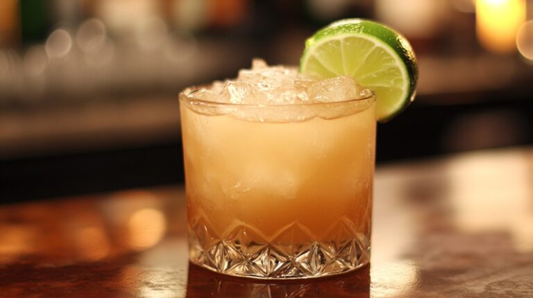 A short glass filled with a golden cocktail over crushed ice, garnished with a fresh lime wedge, sitting on a polished bar counter