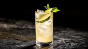 A tall glass of a light, bubbly cocktail with lime slices and fresh herbs, served over ice