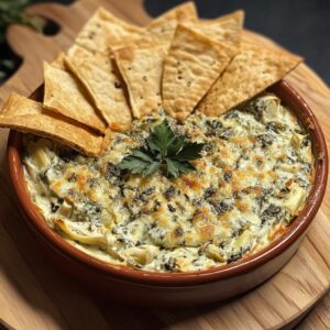 A bowl of golden spinach artichoke dip garnished with fresh parsley, surrounded by homemade tortilla chips on a wooden platter