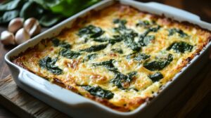 Close-up of a baked spinach artichoke casserole in a white dish, topped with melted cheese and spinach leaves