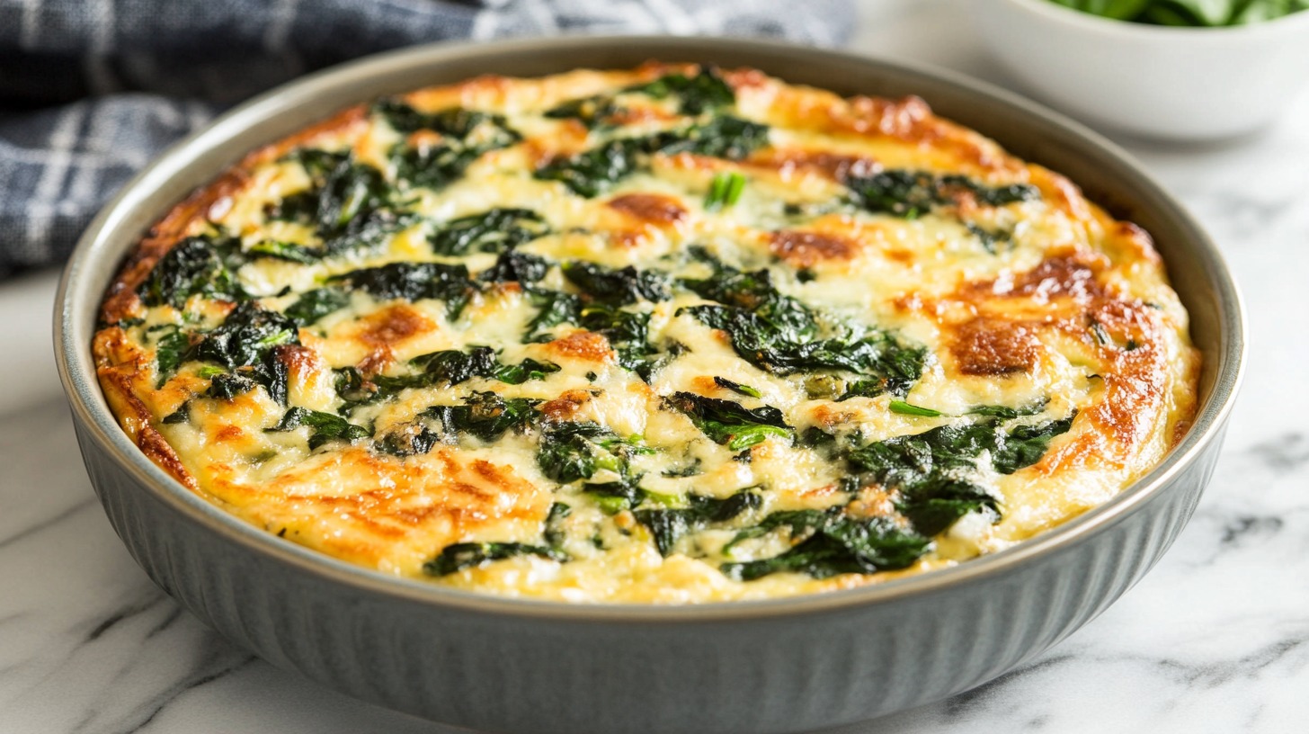 A freshly baked spinach artichoke casserole with a golden cheese crust in a round dish