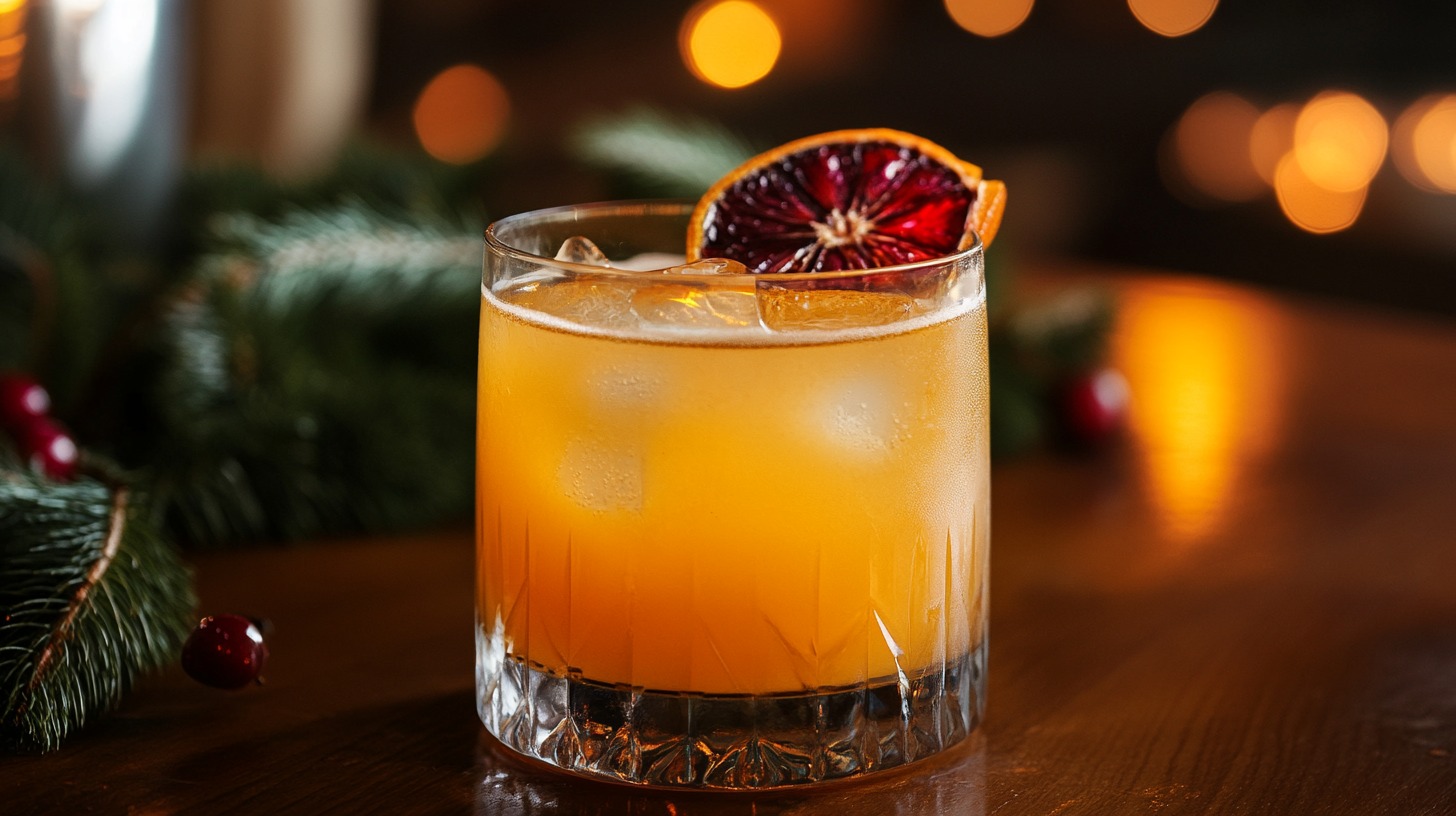 A glass of Hot Toddy cocktail with ice, garnished with a dried blood orange slice, sitting on a wooden table with festive decorations in the background