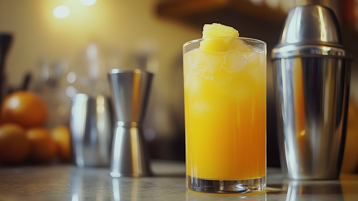 A tall glass of bright yellow cocktail with ice and a pineapple garnish, surrounded by bar tools and fresh fruit