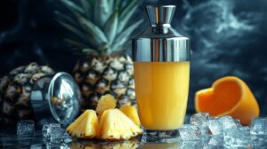 A stainless steel cocktail shaker filled with a bright yellow drink, surrounded by fresh pineapple, orange slices, and ice cubes