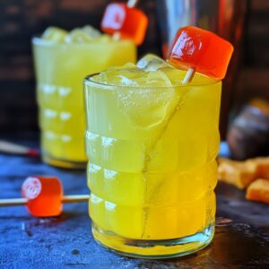 A vibrant yellow cocktail served in a glass with ice, garnished with a red candy skewer