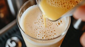 Close-up of a creamy cocktail being poured into a glass, creating a frothy top layer