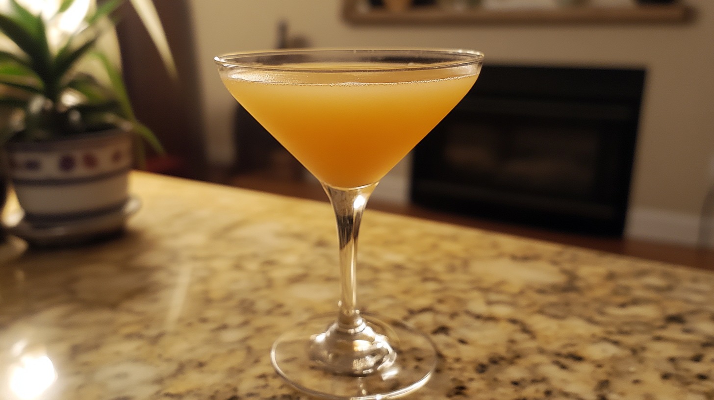 A Yellow Hammer Slammer cocktail in a martini glass on a marble countertop, with warm ambient lighting