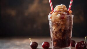 A glass of cherry cola slushie with red and white striped straws, garnished with cherries and ice crystals, set on a rustic wooden table