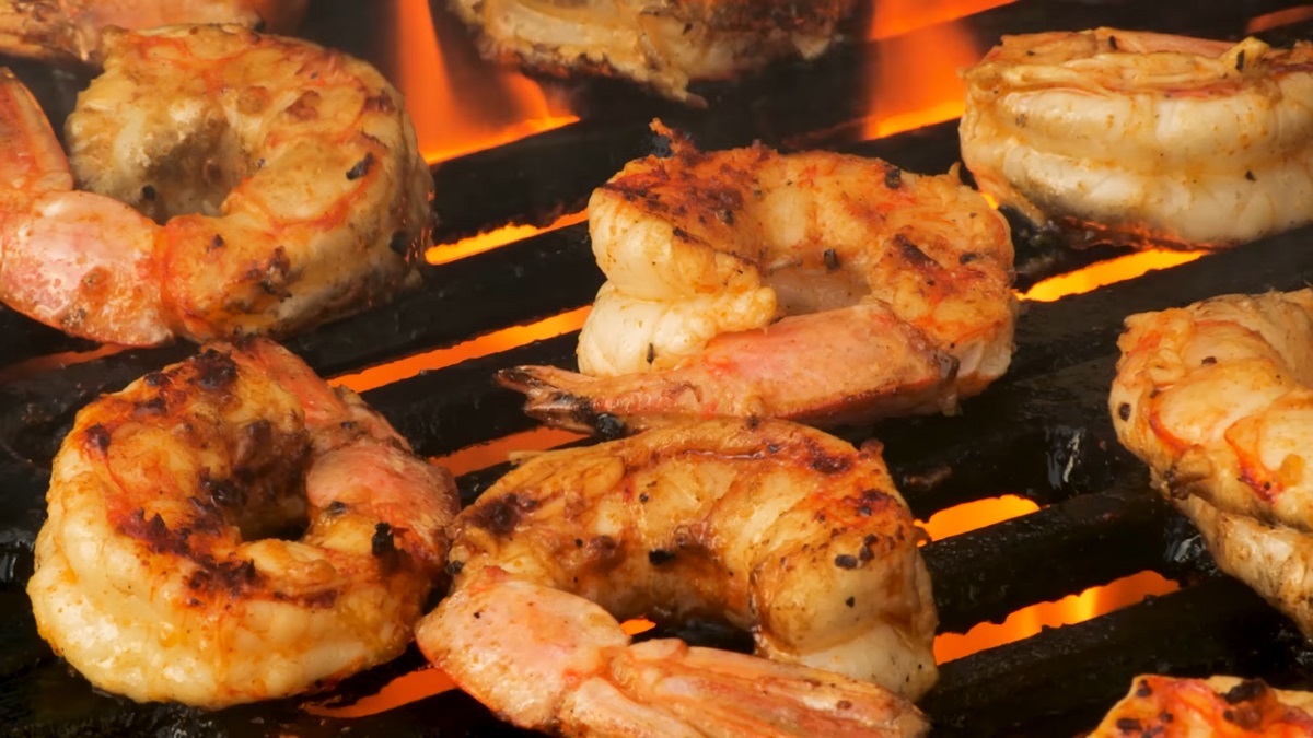 Close-up of grilled shrimp with a golden-brown