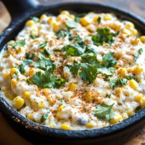 A skillet filled with creamy Mexican street corn dip, garnished with fresh cilantro and a sprinkle of chili powder