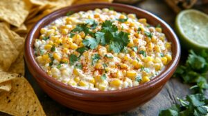 A bowl of Mexican street corn dip garnished with fresh cilantro, chili powder, and lime, surrounded by tortilla chips and fresh ingredients