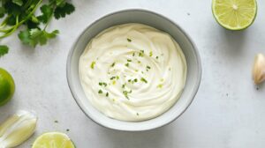 A bowl of smooth, creamy dip garnished with chopped herbs, surrounded by fresh lime, garlic, and cilantro on a light background