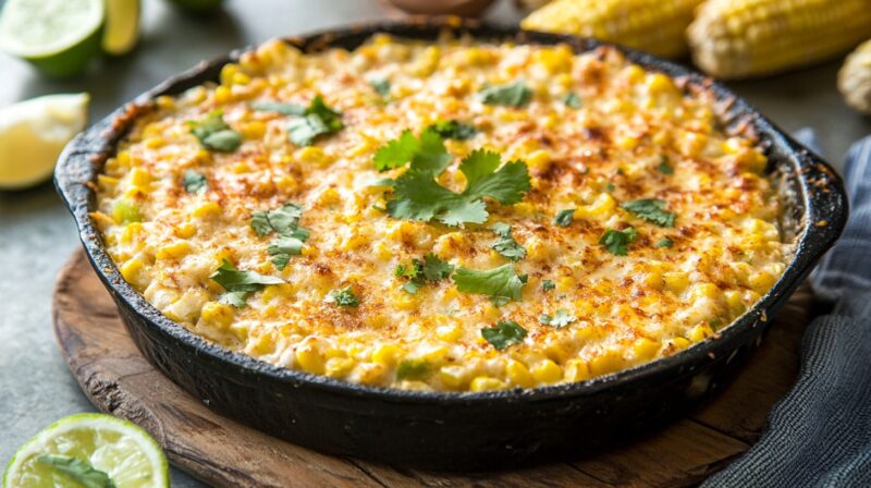 A skillet filled with baked Mexican street corn dip, topped with melted cheese, cilantro, and spices, placed on a wooden board with lime wedges and corn in the background