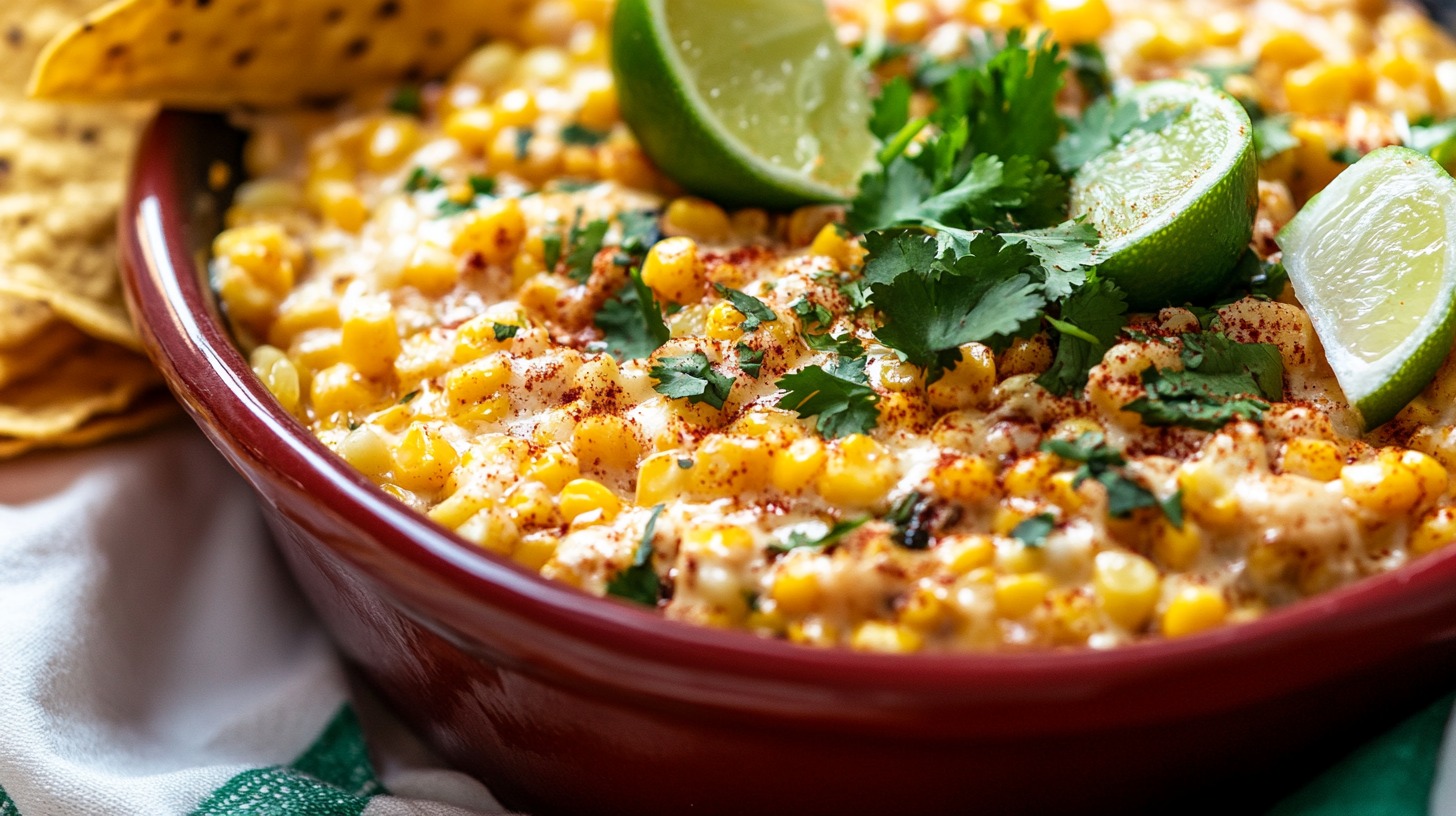 A close-up of a Mexican street corn dip in a red bowl, topped with fresh cilantro, lime wedges, chili powder, and melted cheese, served with tortilla chips