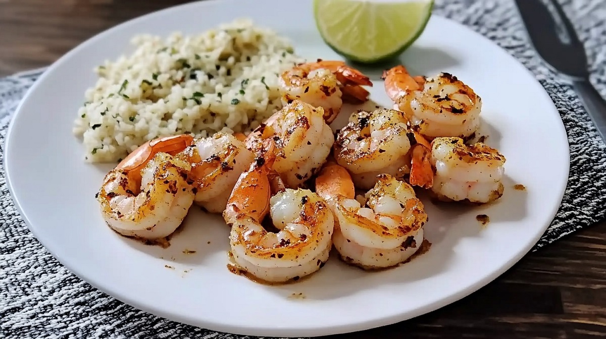  A plate of grilled shrimp served with herb-seasoned rice and a fresh lime wedge