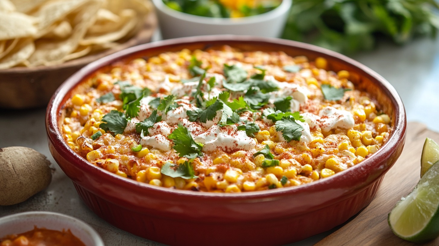 A bowl of creamy Mexican street corn dip garnished with cilantro, sour cream, and spices, served with tortilla chips and lime wedges on a wooden board