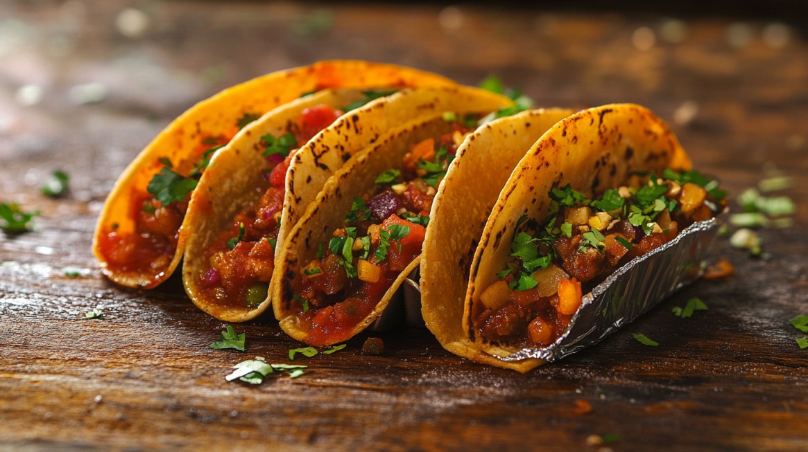 Four charred corn tacos filled with a rich vegetable mixture, garnished with fresh cilantro, served on a rustic wooden surface