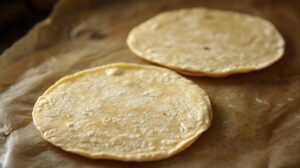 Two corn tortillas resting on parchment paper, ready for cooking