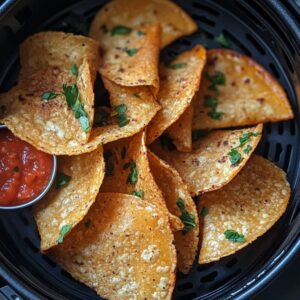 A batch of crispy, golden taco shells garnished with chopped cilantro, served in an air fryer with a side of salsa