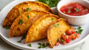 A plate of crispy fried tacos garnished with fresh cilantro and served with salsa and diced tomatoes