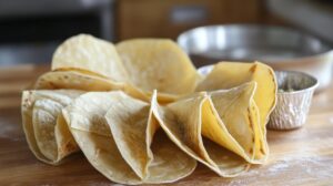 Soft corn tortillas folded and arranged on a wooden surface, ready for baking or frying